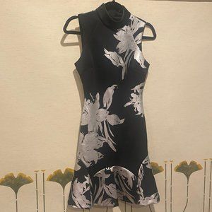 Karen Millen Black and Silver Mock Neck Scuba Fit and Flare Mini Dress Size 2